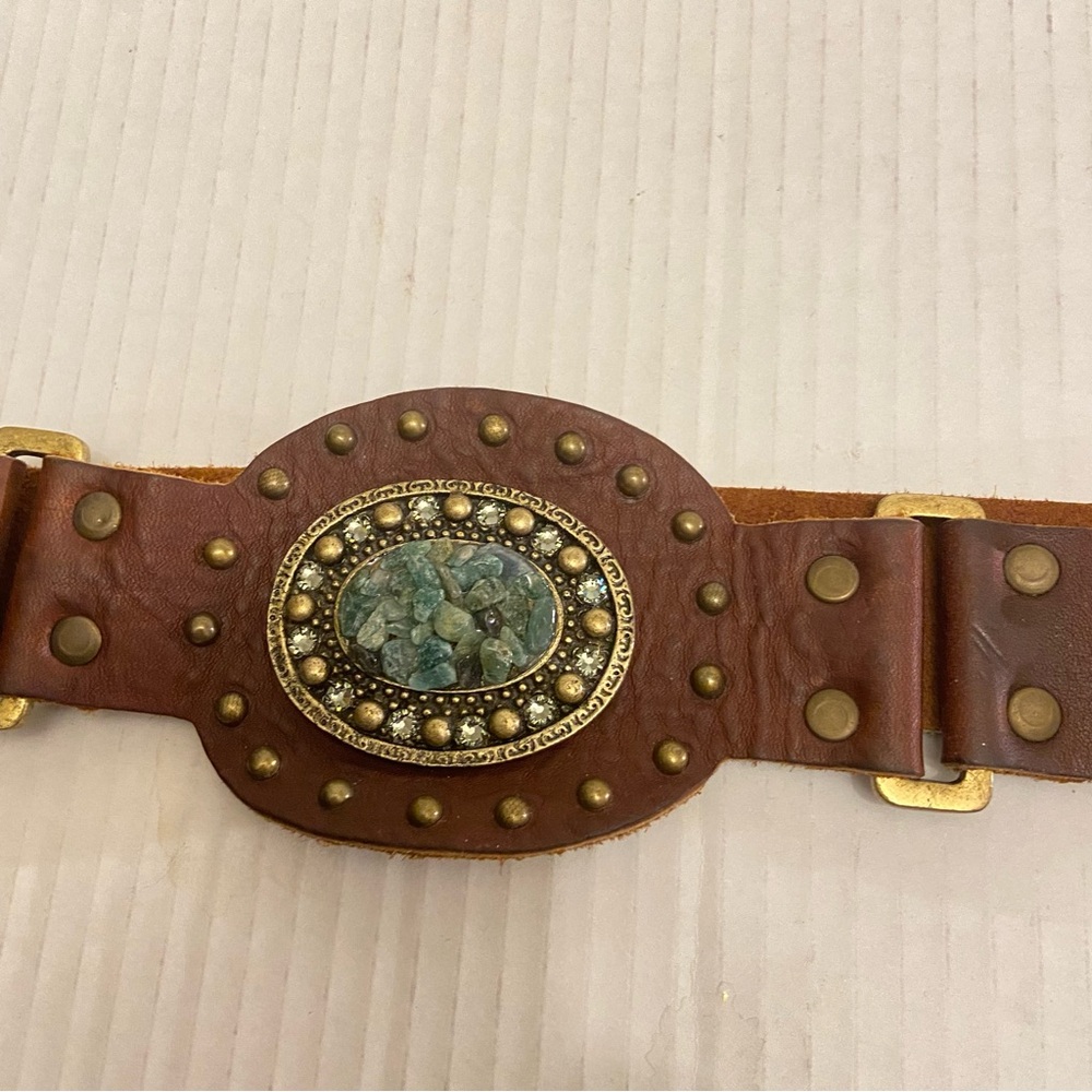 Leather Rock Jeweled Boho Brown Leather Belt with Green Stone and Studs Accents. - Picture 4 of 11